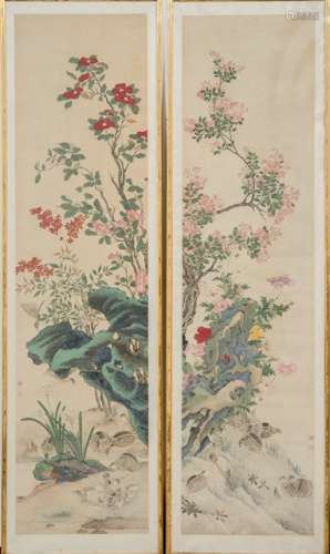 A SERIES OF FOUR BIRD AND FLOWER PAINTINGS DEPICTING QUAILS UNDER THE FLOWERS OF THE FOUR SEASONS, China, dated 1798, the spring painting inscribed in the upper right corner referring to Song artists' models, each painting identically stamped with two seals of the artist - Property from a Dutch private collection - Framed under glass, very minor traces of age