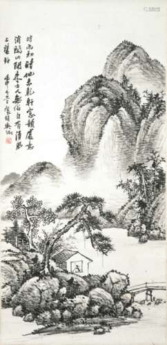 IN THE STYLE OF WU ZHENG (1878-1949), Landscape with Scholar's Study, China, dated 1932. Hanging scroll, ink on paper. Poetic inscription by the artist with signature: 
