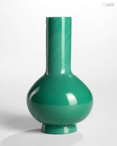 A GOOD BLUE-GREEN BEIJING GLASS BOTTLE VASE, China, incised Qianlong four-character mark and period - Provenance: From the collection of a member of the Family Baron von Goldschmidt-Rothschild, formerly Palais Grüneburg, Frankfurt on the Main - Tiny polished chip to stand