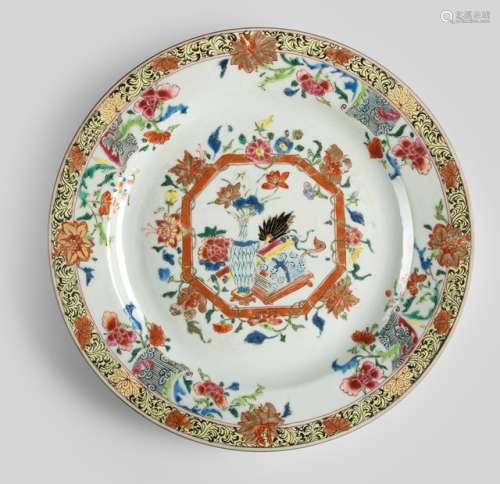 A 'FAMILLE ROSE' PLATE DECORATED WITH FLOWERS, VASE, AND MANUSCRIPT, China, Qianlong period - Property from an old Belgian private collection, assembled between 1890 and 1940, by descent to the present owner - Minor chip to the footrim, minor wear