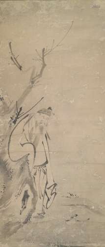 IN STYLE OF KAIHÔ YÛSHÔ (1533-1615), Japan, Edo period, a painting of Li Po standing on a terrace under a tree, gazing at his empty gourd bottle. Signed Yûshô (?) and two seals: Kaihoku and Yûshô, ink on paper - Property from an important South German private collection of Chinese and Japanese paintings, purchased from Auktionshaus Lempertz, Cologne, Sale 503, 15.03.1969, lot 372 - Minor wear, backed, slightly creased and restored, mounted as hanging scroll with ivory ends, wood box