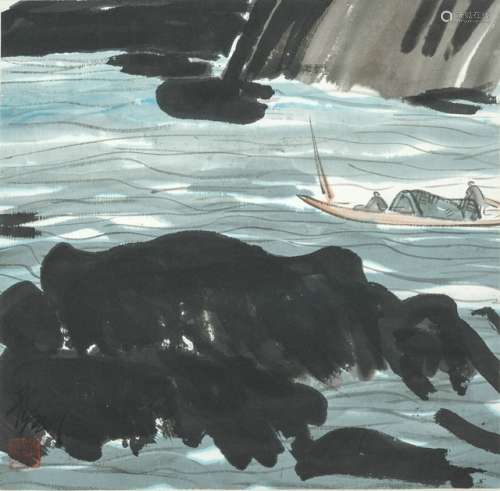 A PAINTING OF A FISHER BOAT, WAVES AND ROCKS BY LIN FENGMAIN, China, (1900-1991), ink and colors on paper, framed under glass - Property from an old Italian private collection, assembled prior 1990 - Mounting with damages