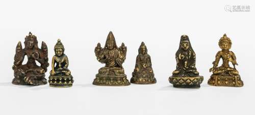 SIX BRONZE FIGURINES, China, 18th/19th ct., including Tsong.kha.pa, Sitatara, Guanyin, Buddha Shakyamuni and Tara - Property from a German private collection, assembled in the 1970s and 80s - Few chipped, wear