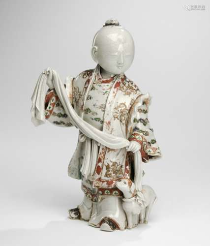 A PORCELAIN FIGURINE OF A BOY WITH DOG WITH EUROPEAN PAINTING, possibly China, 18th ct. - Property from an old Belgian private collection, assembled between 1890 and 1940, by descent to the present owner - Minor firing cracks to the bottom, one leg of the dog lost