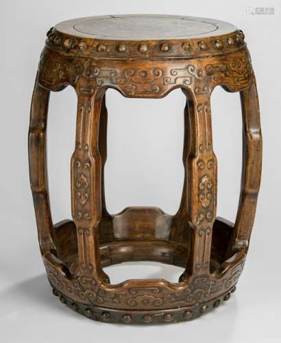 A DRUM-SHAPED HARDWOOD STOOL, China, ca. 18th ct. - Property from a German private collection, acquired in Germany prior to 2007 - Slightly chipped, few repairs