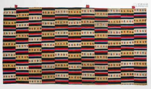 A RARE TIGMA TEXTILE PANEL, Bhutan, 19th ct., the rectangular panel decorated with eleven vertical bands consisting each of various coloured stripes surrounding a slightly wider one containing five crosses - Property from an important American private collection of Tibetan art, bought 1997 from Scott G. Boulder Colorado - Minor traces of age