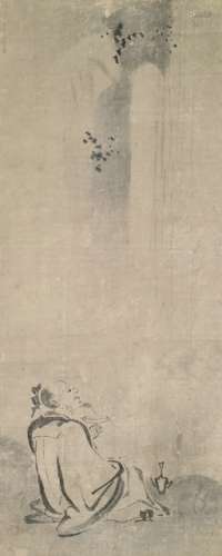 AN EARLY KANÔ PAINTER, Japan, 16th Ct., a painting of the chinese poet Rihaku holding a wine bowl seated on a rock gazing on a waterfall. In on paper, sealed - Property from an important South German private collection of Chinese and Japanese paintings, purchased from Kunsthaus Lempertz, Cologne, Sale 697, 27.11.1993, lot 575 - Traces of age, slightly creased, restored - mounted as hanging scroll with ivory ends, wood box