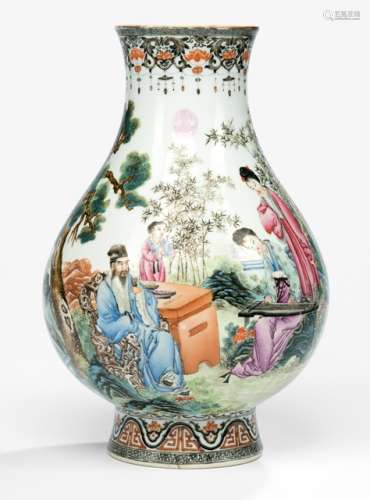 A VERY FINE PAINTED FAMILLE ROSE VASE WITH FIGURAL SCENE AND POEM, China, Qianlong marks, Republic period  - Provenance: Former old European private collection - Very minor wear