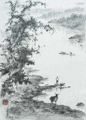 WANG ZHIYING (B. 1928), Fishermen and BUffalo at the river, China, Pencil drawing on paper, framed under glass. Dated 1991. One seal, signature and dating by the artist. The drawing depicts a serene scene of two fishermen at a river, watching out to another fisherman rowing into the background. In the foreground, a buffalo looks on into the landscape. The left side is of the drawing is bordered by almost stylized vegetation. - Wang Zhiying (b. 1928) from Chun'an is a professor of art education at Tongji University in Shanghai, and specialized in landscape pencil drawings. - Property from a German private collection