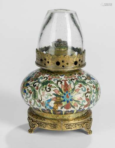 A CLOISONNÉ ENAMEL OPIUM LAMP WITH GLASS, China, late Qing, European mounts - Property from an old German industrialist collection - Traces of age