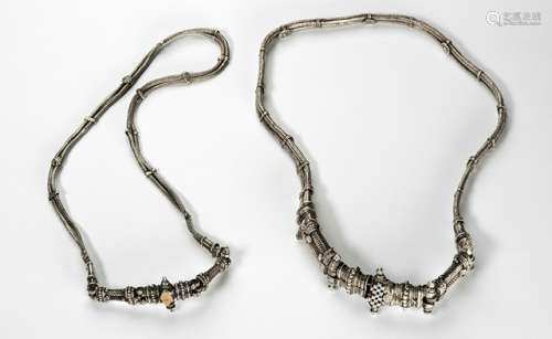 TWO DOUBLE-BAND SILVER BELTS WITH SCREWING CLASP, Tibet, around 1900 - Property from an Austrian private collection, acquired between 1983 and 1991 - Minor chip to one belt, very minor wear