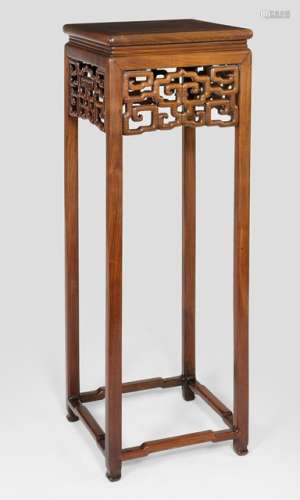A HIGH SQUARE HARDWOOD TABLE, China, Qing dynasty. One panel set within a square frame with molded edges, raised on four legs with straight inner-sides and rounded outer corners. The apron with a finely carved meandering pattern. - Property from an old German private collection, assembled prior to 1990 - Traces of age, minor age cracks