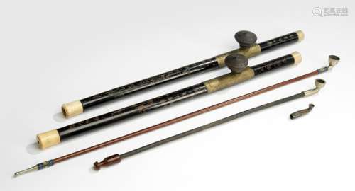 A GROUP OF FOUR OPIUM PIPES, China, late Qing dynasty/early Republic period - Bamboo, brass and stoneware, a pair of each common pipe shape - Property from an old German family collection, assembled in China around 1912 - Traces of use, minor repairs