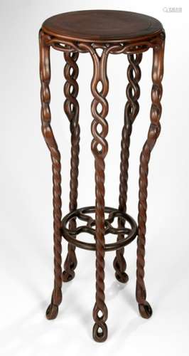 A HIGH HARDWOOD STAND WITH FIVE LEGS IN A BRAIDED SHAPE, China, Republic period. - Property from an old German private collection, assembled prior to 1990 - One leg rep.