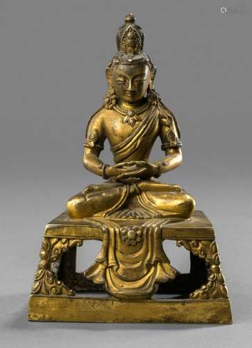 A GILT-BRONZE FIGURE OF AMITAYUS, China, Qianlong period, seated in vajrasana on a cloth draped over the throne with both hands in dhyanamudra, wearing dhoti, scarf across his chest, bejewelled, his face displaying a serene expression with downcast eyes and his hair combed in a chignon decorated with swaying strings, unsealed - Property from a Rhineland-Palatinate private collection of Tibetan art, acquired in 1997 - Two later added parts to throne, minor wear