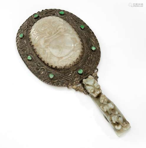 A HAND MIRROR WITH SILVER FITTINGS AND JADE APPLICATIONS, China, the jade 18th/19th ct., the mounts late Qing dynasty - Former property from a South German private collection, acquired in the 1970s - Very slightly chipped