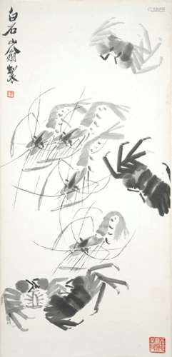 IN THE STYLE OF QI BAISHI (1864-1957), Shrimps and Crabs, China, 20th ct. Hanging scroll, ink on paper. Signature by the artist 