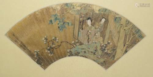 IN THE STYLE OF HUANG SHANSHOU (1885-1919), Fan painting of a lady and her maid with prunus blossoms and a scholar's rock. Ink and colors on gold-leaf-ground paper. The lady and her maid looking directly at the viewer of this painting, giving the scene a certain intimacy. Signed Xinsi muchun fang yuhu shanren bifa hexisheng huang shanshou (Painted by Huang Shanshou alias Hexisheng in the style of Yuhu Shanren [Gai Qi, 1773-1828], at the end of spring in the year xinsi [1881]), one seal: Xuchu. - Huang Shanshou, first name Yao, style name Xuchu, alias Hexi Yuyin, from Wujin, was a skilled calligrapher and painter of landscapes, flowers, and figures. His depictions of ladies follow the style of Gai Qi. - Property from a German private collection, acquired between 1990 and 1998 - With a label of Wah Cheong Artistic Picture Framer - Minor wear
