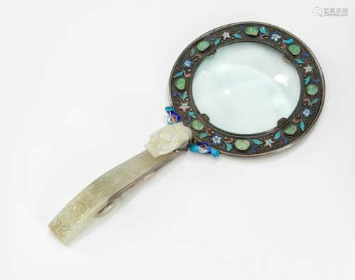 A LOUPE WITH SILVER FITTINGS AND JADE APPLICATIONS, China, the jade 18th/19th ct., the mounts late Qing dynasty - Former property from a South German private collection, acquired in the 1970s - Minor wear