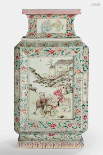 A FINE INSCRIBED POLYCHROME DECORATED PORCELAIN VASE WITH FIGURAL SCENES, China, Guangxu period - Property from an old Italian private collection, assembled prior 1990 - Minor wear, small glaze frits to mouth rim
