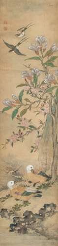 ZHOU RU, FLOWERS AND BIRDS OF THE FOUR SEASONS, China, possibly dated 1849. Set of eight hanging scrolls, each 167 x 40,8 cm, ink and colors on silk, on the eighth scroll signature by the artist: 