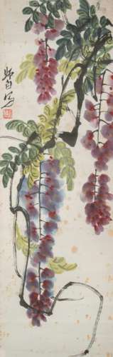 LOU SHIBAI, (1918-2010), Purple Wisteria, China, 20th ct., unmounted, 80,5 x 26,4 cm, ink and colors on paper. Signature by the artist: 