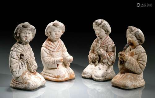 A SET OF FOUR PAINTED POTTERY FIGURES OF LADIES PLAYING DIFFERENT MUSICAL INSTRUMENTS, China, Tang dynasty (618 - 907 AD). One of the instruments is made of iron. Each musician kneeling with a similar hairstyle which gathers loosely to the top in front to form a bun-like knob and with the same style of clothing. - Provenance: Bought in 2010 from L.H.W. Investment & Trading Limited, Hong Kong. - Described and illustrated in: Oi Ling Chiang: Collection Julius Eberhardt. Early Chinese Art, vol. 3, Hong Kong 2011, p. 92f. For a similar group in the collection of the Shaanxi Muncipal Museum see Suen Zhen Hwa: Zhong Guo Mei Shu Tu Xian Shou Ce. Diao Su Juan, s. l. 2003, p. 176, pl. 0611.