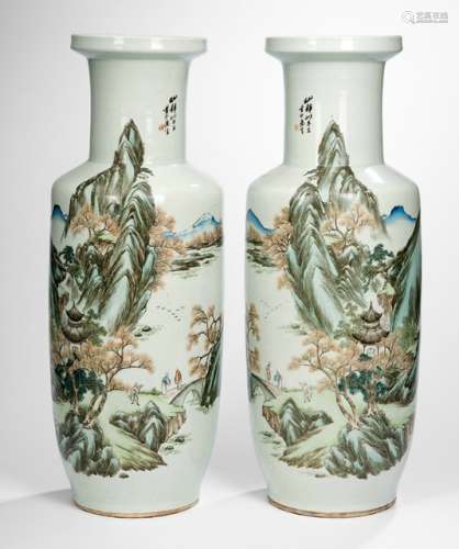 A PAIR OF PAINTED LANDSCAPE PORCELAIN VASES, China, signed Ye Lang (?) and bingchen qiuyue songyuexuan zhi - Property from a South German private collection, assembled in the 1990s - One with small chip to rim