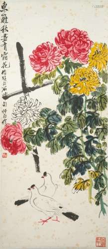 LOU SHIBAI (1918-2010), Chrysanthemums and Pair of Doves, China, 20th ct., hanging scroll, 108 x 47 cm, ink and colors on paper. Signature by the artist: 