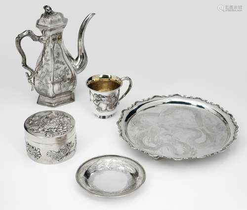 A SILVER TEAPOT AND COVER, A BOX AND COVER WITH CHRYSANTHEMUM, A CUP AND SAUCER AND A TRAY WITH DRAGON, China, marked, late Qing/Republic period - Property from an old German industrialist collection, assembled between 1950 and 1990 - Traces of use, minor wear