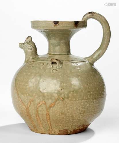 AN YUEYAO CHICKEN HEAD EWER, China, Western Jin dynasty, of globular form with a short cylindrical neck rising to a cupped mouth, set with a chicken head spout with an open beak opposite a plain round handle rising from the shoulder to the mouthrim, and set with two small loops, the surface of the vessel punched with small florettes, all beneath a pale olive-green glaze with few brown splashes. - Property from a Bavarian private collection, bought 1997 from Marc Richards - Compare a Western Jin jar without handle and an Eastern Jin chicken-head ewer, excavated at Nanjing in Jiangsu and at Yuyao in Zhejiang province, respectively, both included in the exhibition The Genius of China, Royal Academy, London, 1973-74, cat.nos.236 and 238 - Minor restorations to mouth rim and handle
