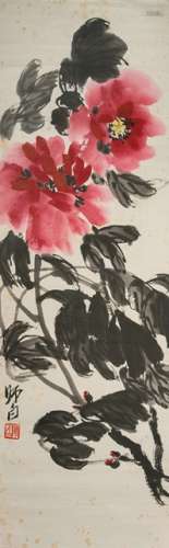 LOU SHIBAI (1918-2010), Red Peonies; China, 20th ct., Unmounted, 81 x 26,4 cm, ink and colors on paper. Signature by the artist: 