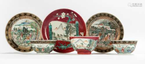 THREE SMALL PUCE AND GRISAILLE CUPS AND SAUCERS, China, Yongzheng/Qianlong period - Property from a German private collection, acquired before 1990 - Very minor chips, minor wear