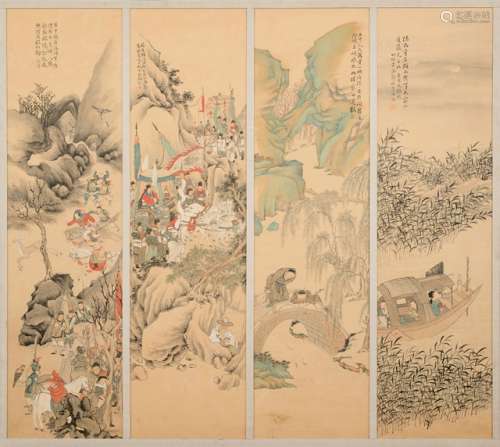 A GROUP OF FOUR LANDSCAPE AND FIGURE PAINTINGS MOUNTED IN ONE LARGE FRAME BY LI CHENGXI, China, late Qing/early Republic period. - Ink and colours on paper, one panel signed youzhu li chengxi, ein Siegel chengxi. A combination of a lady in a boat, the joy of fish, an imperial journey comparable to Tang Ming Huangs journey and a mongolian hunting scenery - Property from a Dutch private collection - Minor traces of age