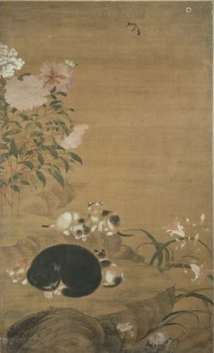 A CAT AND IT'S YOUTH NEAR FLOWERS, ink and colors on silk, China, signed, 18th/19th ct., framed under glass - Property from an old Italian private collection, assembled prior 1990 - Very minor damage due to age