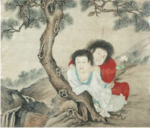 A PAINTING OF HANSHAN AND SHIDE UNDER A PINE TREE, China, ca. 18th ct., ink and colors on paper, framed under glass - Property from an old Italian private collection, assembled prior 1990 - Wear, very minor damages due to age