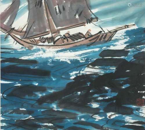 A PAINTING OF A FISHER BOAT BY LIN FENGMAIN, China, (1900-1991), ink and colors on paper, framed under glass - Property rom an old Italian private collection, assembled prior 1990 - Mounting with minor damages
