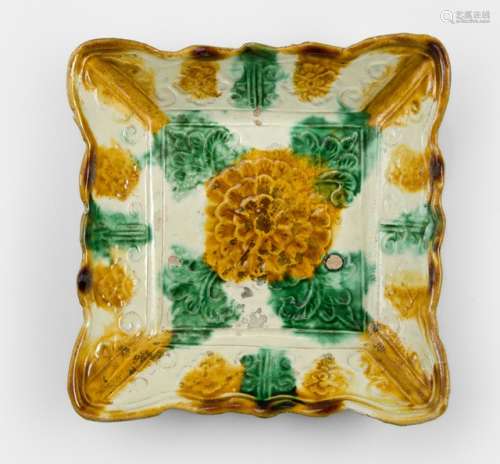 A SMALL SQUARE 'SANCAI' TRAY, China, Liao dynasty - Property from an Austrian private collection, acquired prior to 1990 - Few tiny glaze frits, few small glaze imperfections