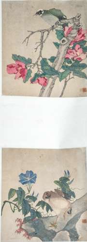 MIAO JIAHUI (active ca. 1875-1908). Flowers, Birds and Insects; China, eight album leafs mounted on four hanging scrolls, each 31,8 x 28,7 cm, ink and colors on paper On one painting signed: 