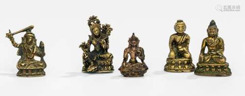 FIVE BRONZE FIGURINES, Tibet and Tibeto-Chinese, 18th/19th ct. and later, including Syamatara, Manjushri, Buddha Shakyamuni and a Bodhisattva - Property from a German private collection, assembled in the 1970s and 80s - Wear