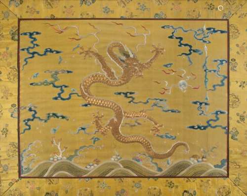 A YELLOW-GROUND SILK EMBROIDERY OF 'THE DRAGON CHASING THE FLAMING PEARL', China, 19th ct. - Property from a German collection, assembled between 1960 and the late 1990s - Framed under anti-glare glass - Minor wear