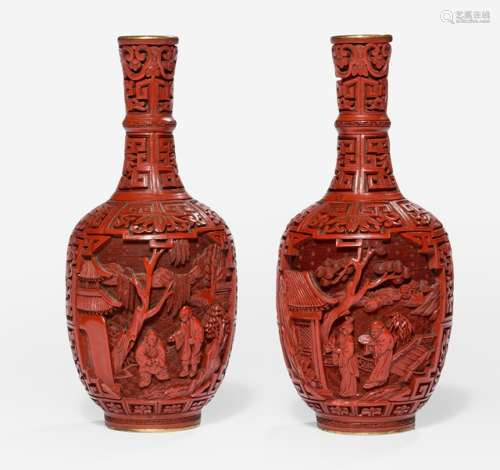 A PAIR OF FINELY CARVED CINNABAR LACQUER VASES WITH GILT MOUNTS, China, 18th/19th ct. - Property from a Bavarian diplomate collection, assembled between 1920 and 1960 - Very few tiny chips