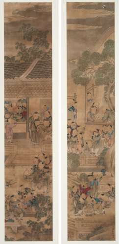 IN THE STYLE OF JIN TINGBIAO (?-1767), 'A Hundred Children at Play' on four paintings. China, Qing dynasty Ink and colors on silk, framed under glass. Signed Chen jin tingbiao gong zhi (Respectfully painted by your servant Jin Tingbiao), one seal of the artist. - Property from a German private collection, acquired between 1990 and 1998 - Good condition