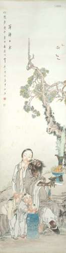 SHEN ZHAOHAN (1856-1941), Zhong Kui with Woman and Children, China, Hanging scroll, 176 x 47,4 cm, ink and colors on paper. Signature by the artist: 