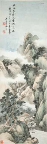 QI KUN (1894-1944), Scholar's Study on a Mountain Stream, China, Hanging scroll, 99,8 x 32,7 cm, ink and colors on paper. Signature by the artist: 
