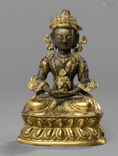 A PARCEL GILT-BRONZE FIGURE OF AMITAYUS, Tibeto-Chinese, late 18th ct., seated in vajrasana on a lotus base with both hands resting on his lap supporting the kalasha, wearing dhoti, scarf, bejewelled, his face displaying a serene expression with downcast eyes below arched eyebrows and his hair combed in a chignon secured with a separate embossed tiara, sealed - Property from a Dutch private collection - Minor wear, finial of the hairdress lost