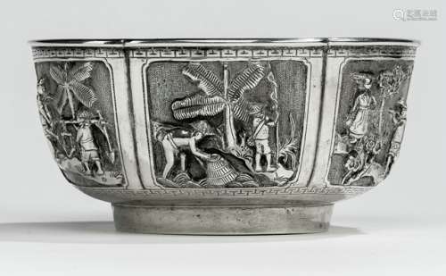 A FINE EMBOSSED DOUBLE LAYER LOBED SILVER BOWL DECORATED WITH SIX SMALL PANELS DEPICTING FARMERS AT WORK, China, 19th ct., no mark - Property from a Dutch private collection, acquired before 1990 - Small hole to outer bottom (due to fusing of the two layers), otherweise good condition