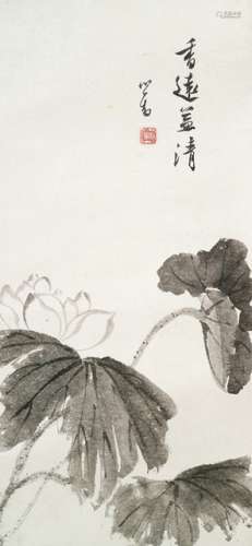 IN THE STYLE OF PU RU (1896-1963), White Lotus, China, 20th ct., hanging scroll, ink on paper. Inscription and signature by the artist 