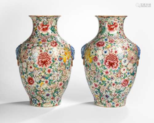 A PAIR OF 'FAMILLE ROSE' 'MILLE FLEUR' VASES, China, Qianlong six-character mark, Guangxu period. - Property from an old South German private collection, acquired before 1986 - Very minor wear