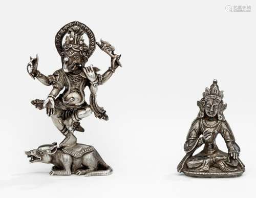 TWO SILVER FIGURES OF A BODHISATTVA AND GANESHA, Tibeto-Chinese and Nepal, 19th and 20th ct., the first seated in vajrasana on a base with both hands showing different gestures, wearing dhoti, bejewelled and his face displaying a serene expression; and the second representing the four-armed Ganesha dancing on his vehicle the rat - Property from an old European private collection, assembled prior 1990 - Very slightly chipped
